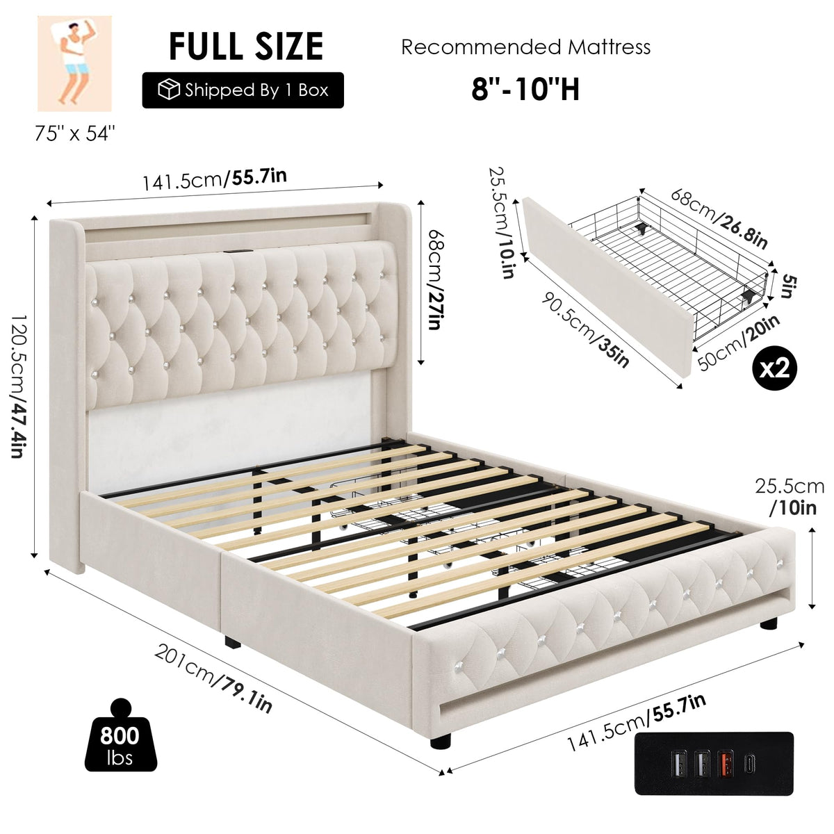 Beige Upholstered Full LED Bed Frame with Storage H347375