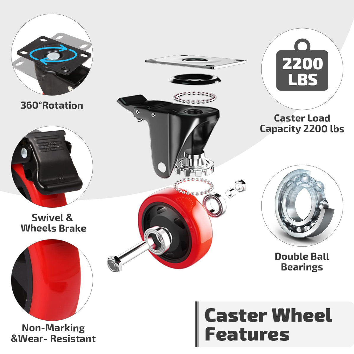 5 Inch Swivel Caster Wheel Set of 4 with Brake O13012