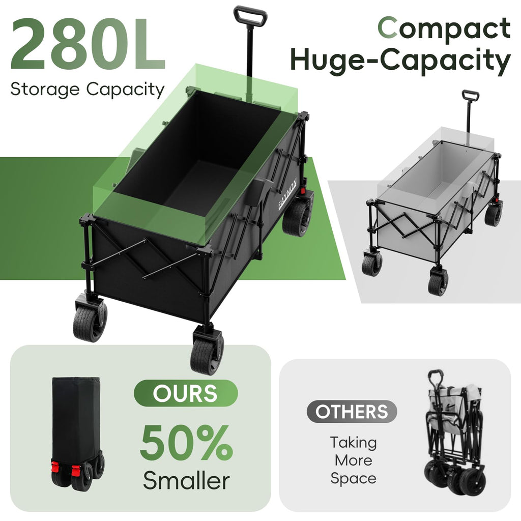 46" Collapsible Foldable Extended Wagon, 500LB Weight Capacity with 280L Heavy Duty Folding Cart, Black W998