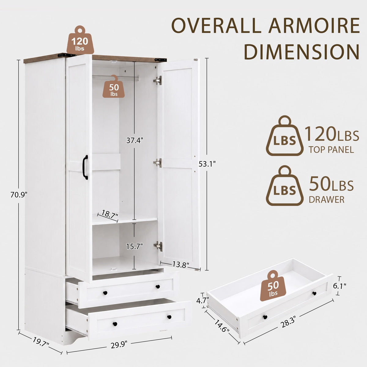 71" White Wooden Armoire Wardrobe Closet with 2 Doors & 2 Drawers D838855