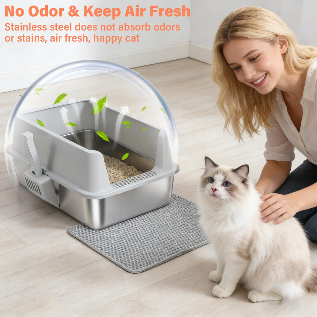XL Stainless Steel Cat Litter Box with Lid and Scoop A545
