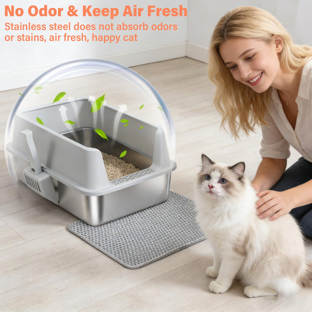 XL Stainless Steel Cat Litter Box with Lid and Scoop A545