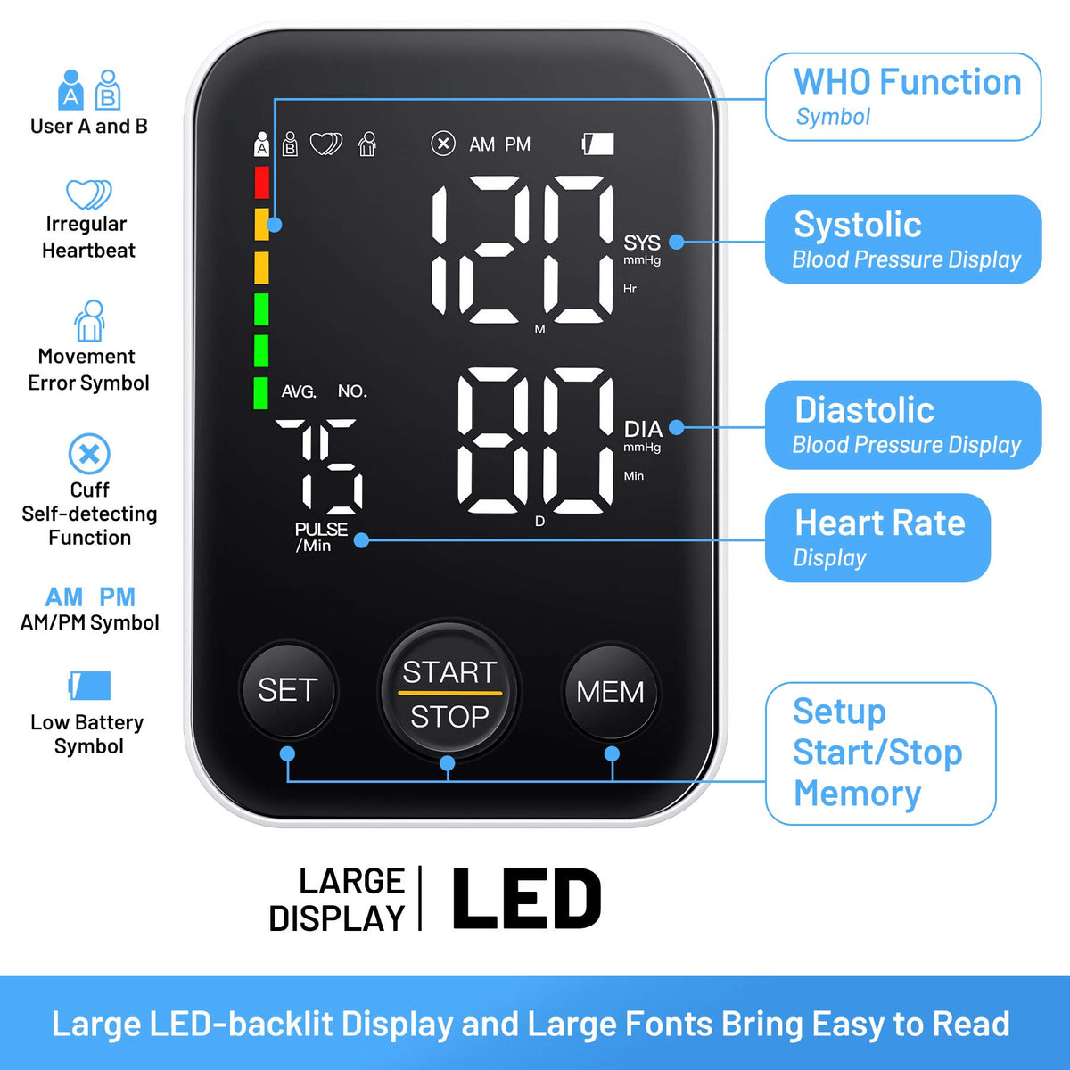 Black Upper Arm Blood Pressure Monitor with Adjustable Arm Cuff and Large Display U52193
