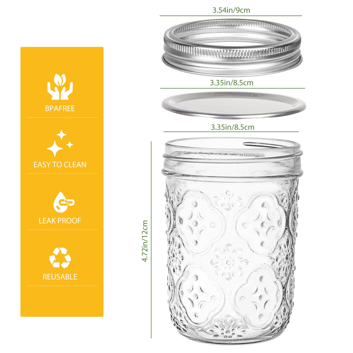 16oz 6 Pack Wide Mouth Glass Mason Jars with Metal Lids X985