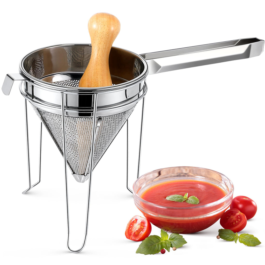 Stainless Steel Chinois Strainer with Stand and Wooden Pestle A736