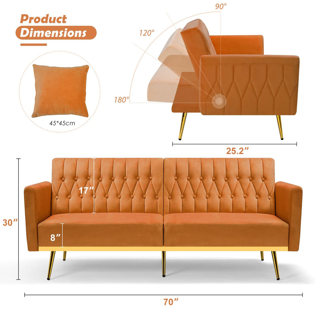 70" Velvet Futon with Adjustable Backrest and Armrests B773866
