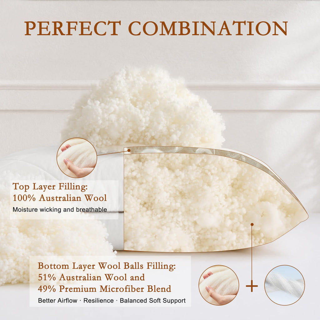 Soft Natural Wool Pillow King Size Set of 2 Cotton Cover W5934