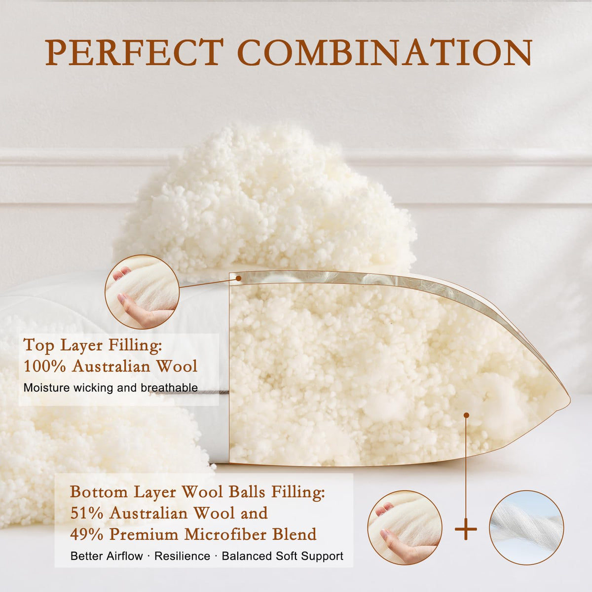 Soft Natural Wool Pillow King Size Set of 2 Cotton Cover W5934