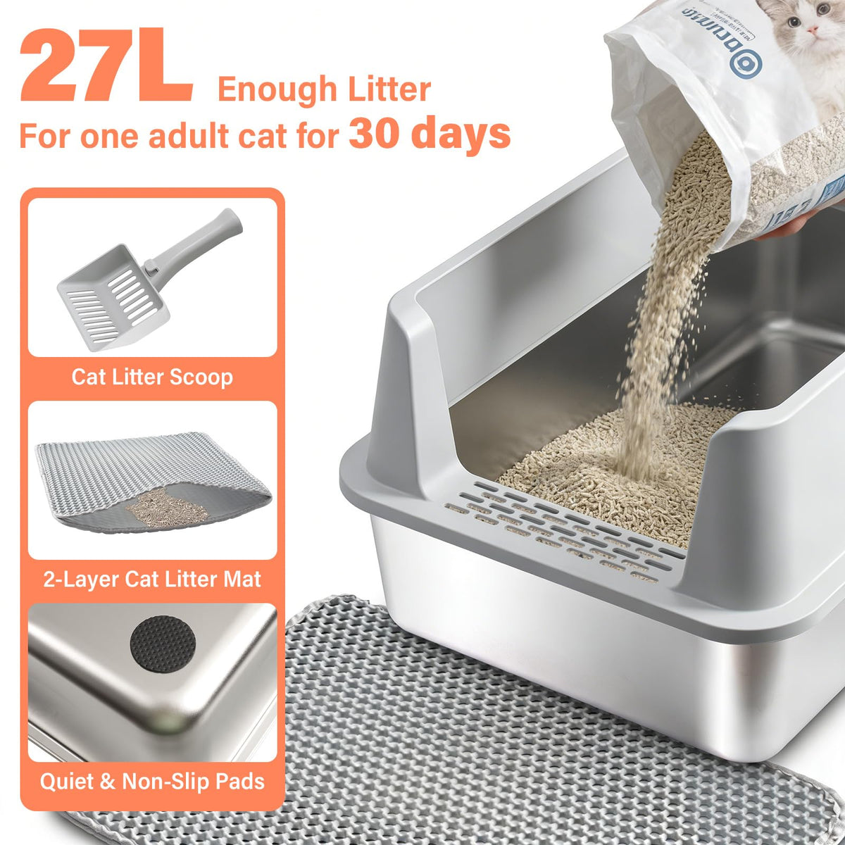 XL Stainless Steel Cat Litter Box with Lid and Scoop A545
