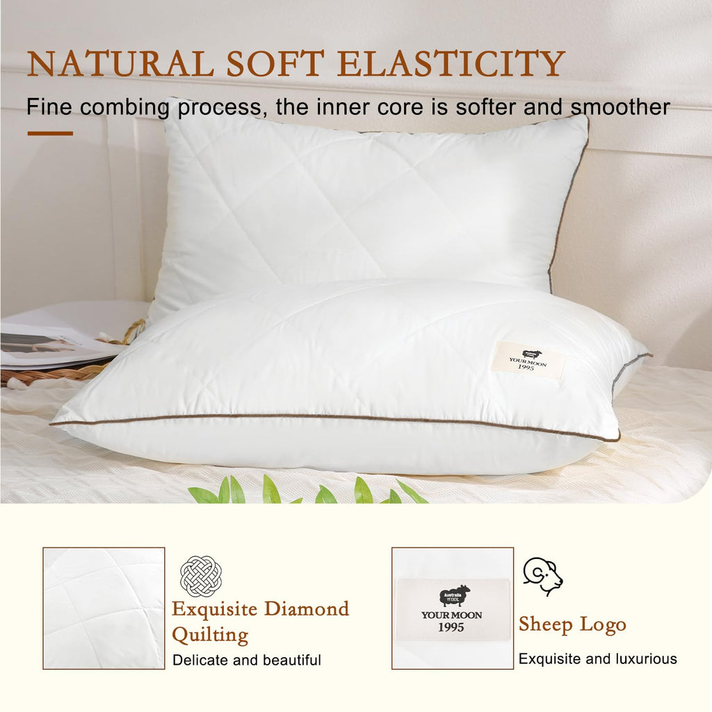 Soft Natural Wool Pillow King Size Set of 2 Cotton Cover W5934