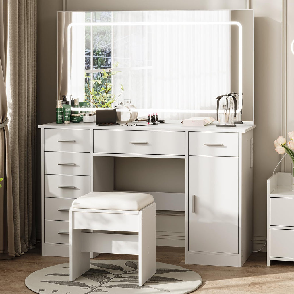 White 7 Drawer Vanity Desk with LED Mirror D505298