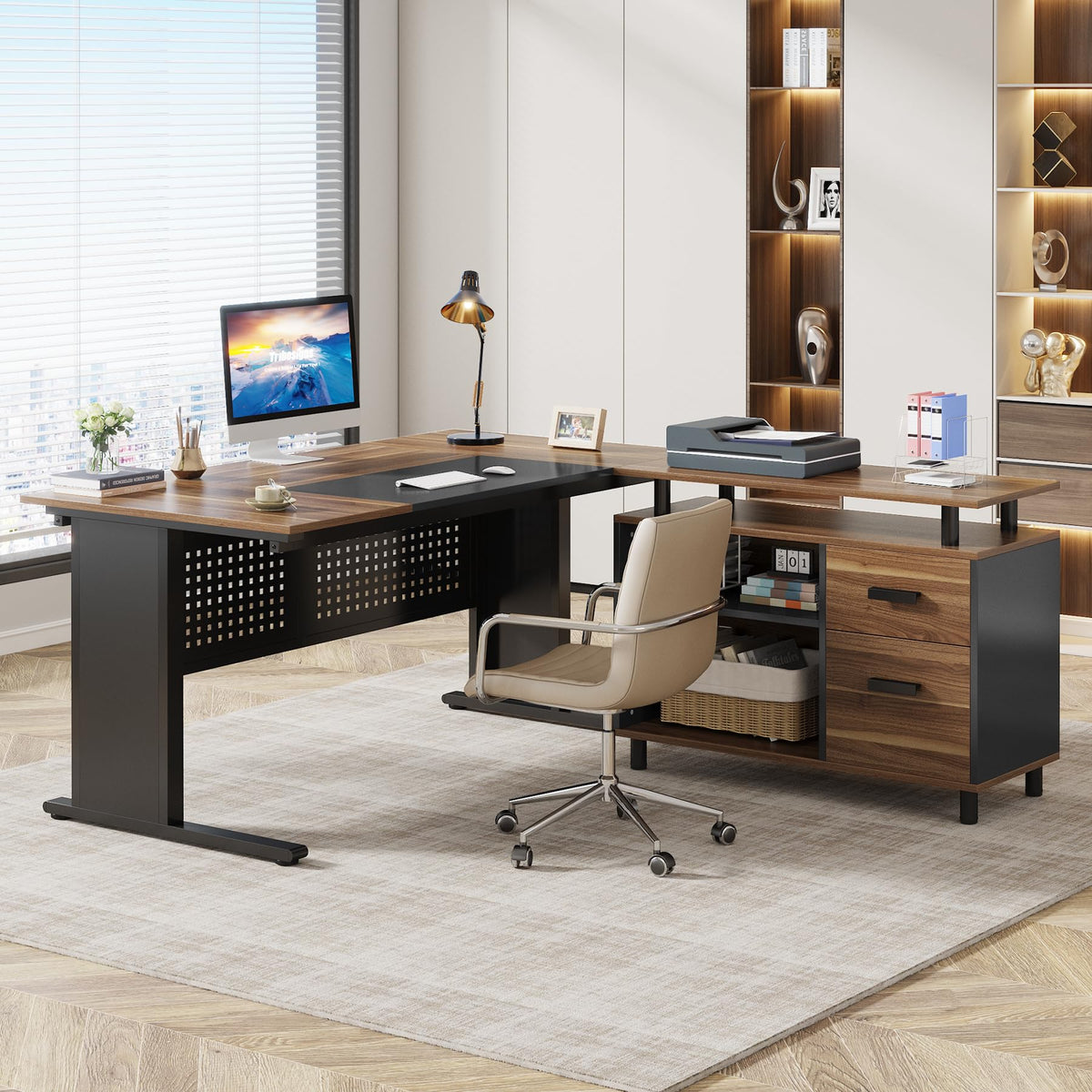 63 Inch L Shaped Computer Desk with File Cabinet and Storage Shelves Y312264