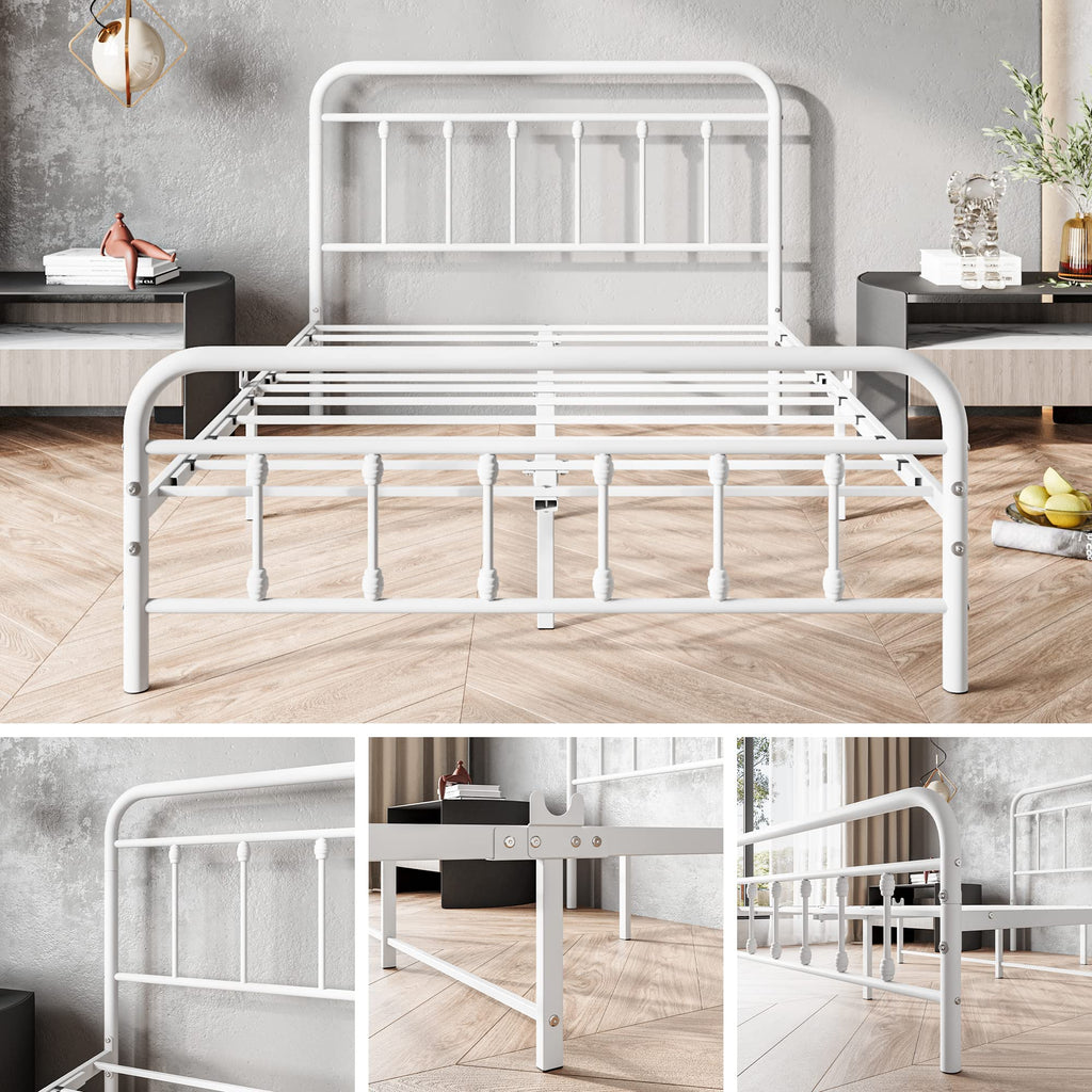 White Full Size Metal Bed Frame with Headboard and Footboard U794