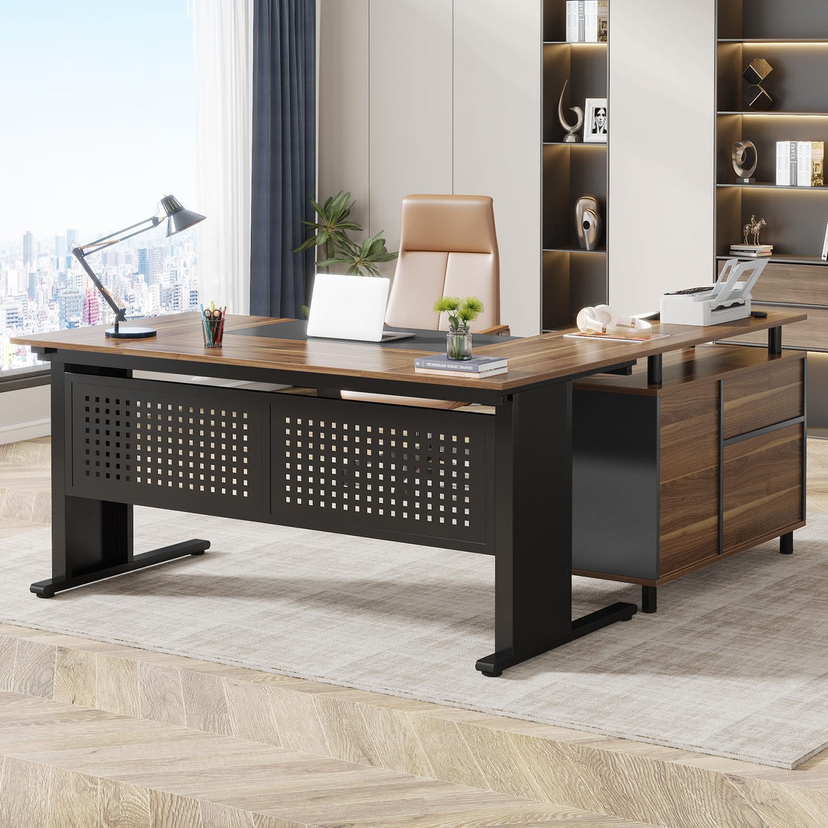 63 Inch L Shaped Computer Desk with File Cabinet and Storage Shelves Y312264