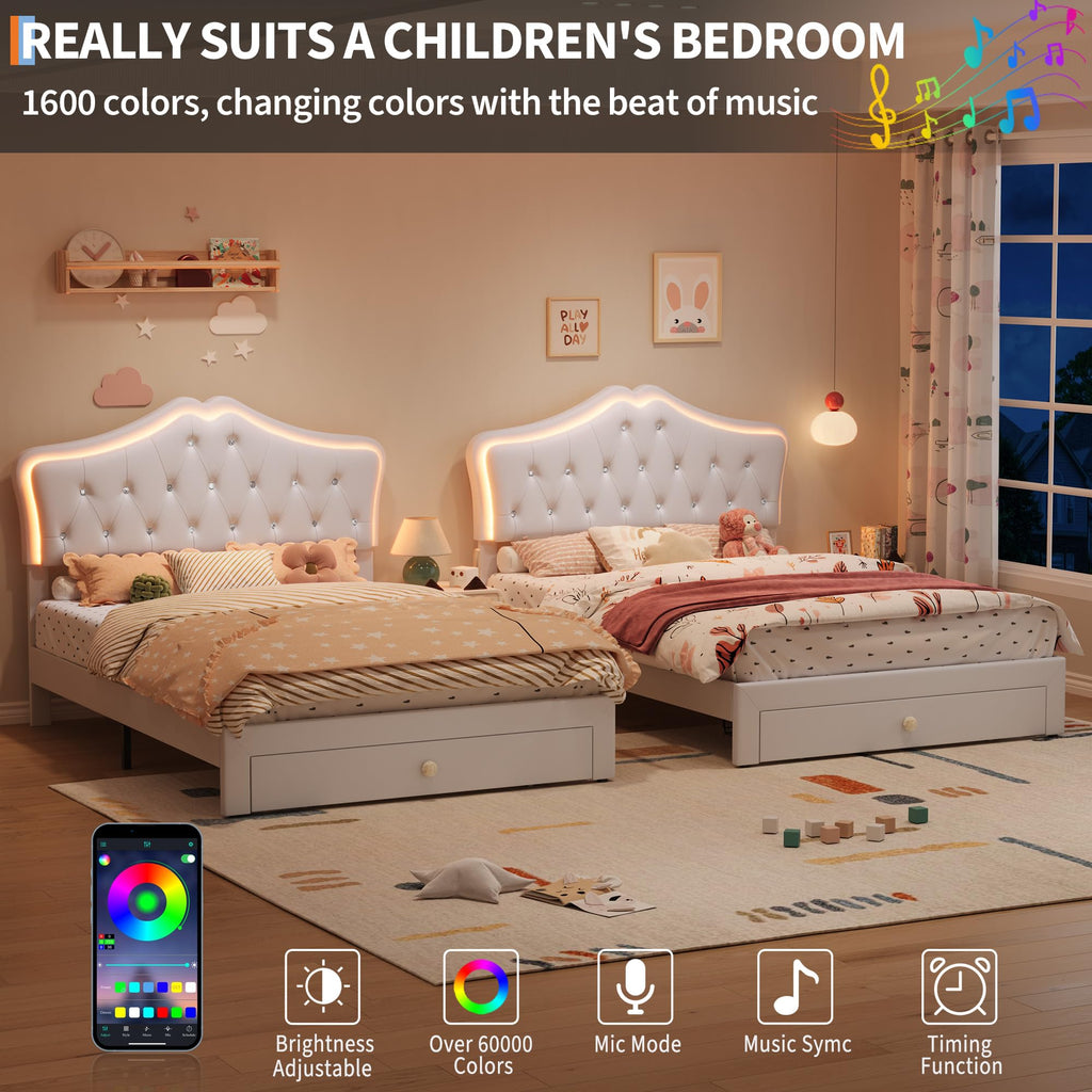 Beige Full Size Bed Frame with LED Lights Headboard J770