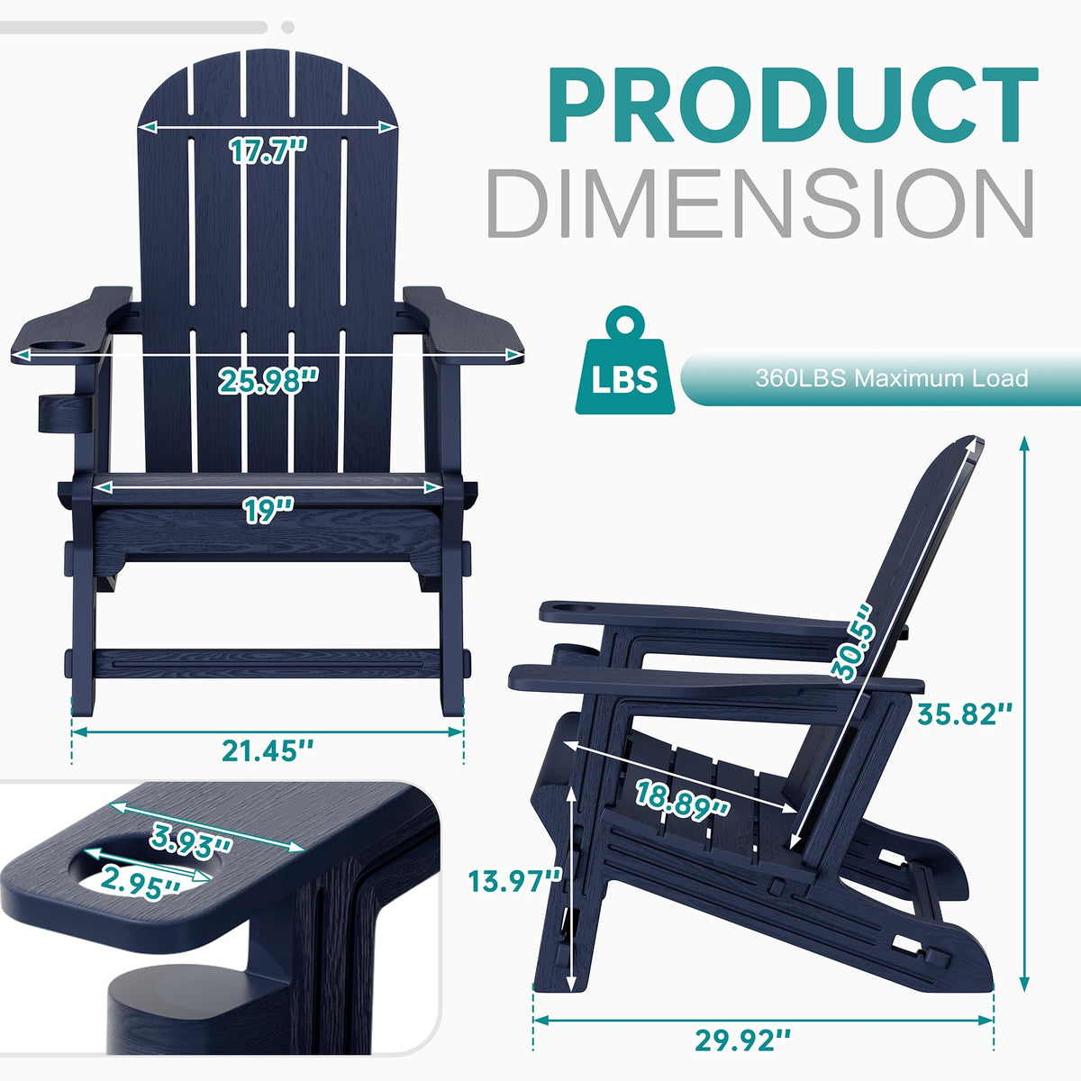 Dark Blue HDPE Adirondack Chairs Set of 2 with Cup Holder C32969