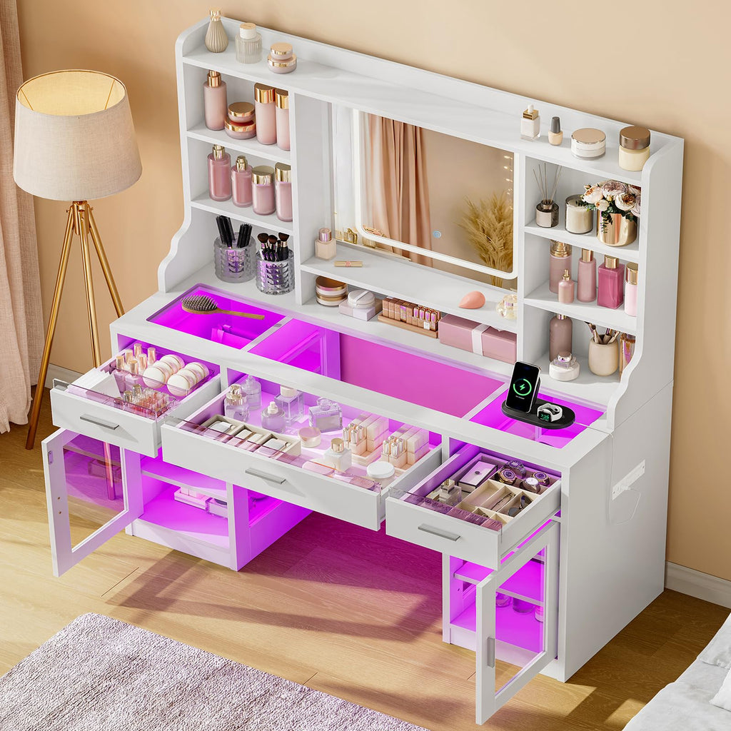 White Vanity Desk with Mirror and Lights V6404