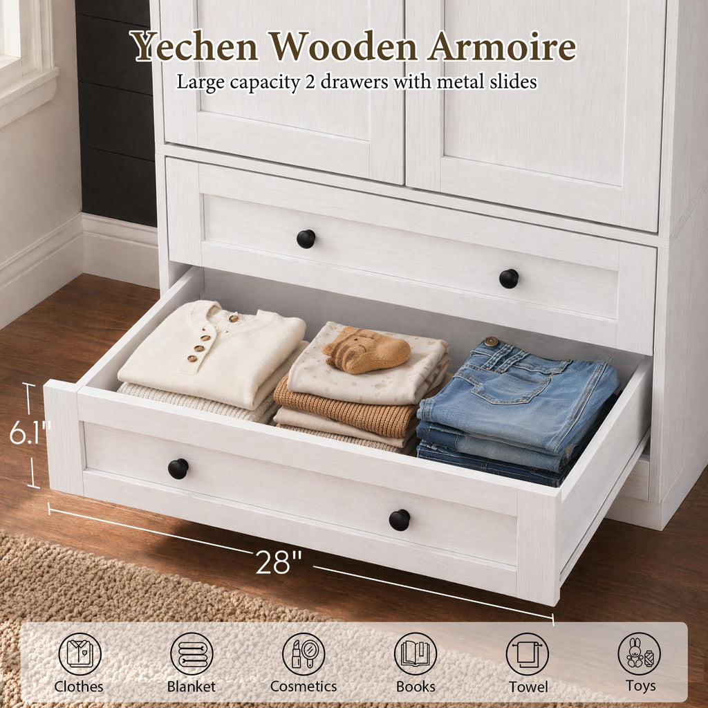 71" White Wooden Armoire Wardrobe Closet with 2 Doors & 2 Drawers D838855