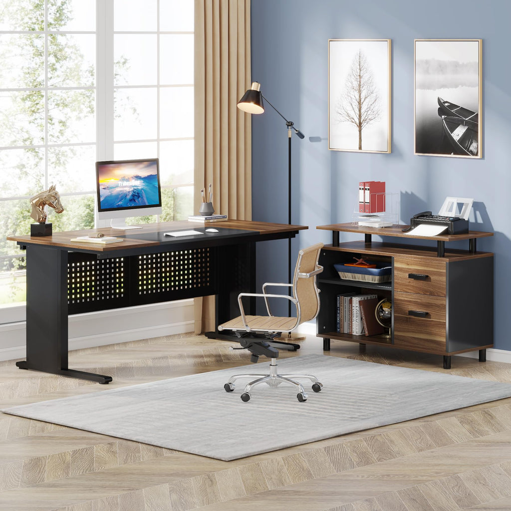 63 Inch L Shaped Computer Desk with File Cabinet and Storage Shelves Y312264