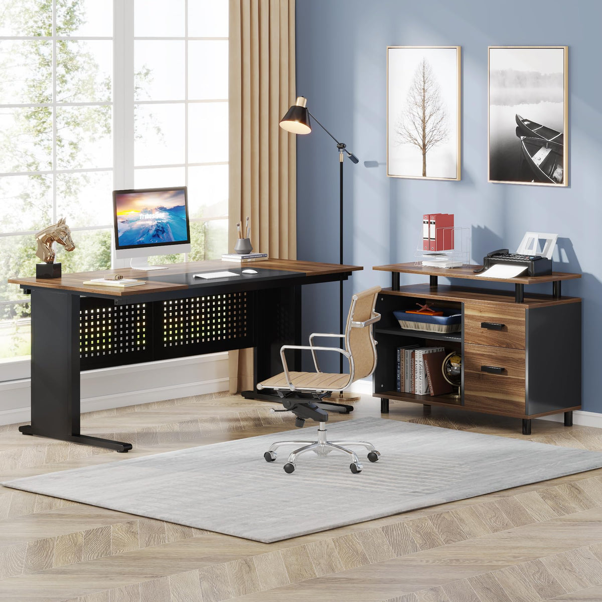 63 Inch L Shaped Computer Desk with File Cabinet and Storage Shelves Y312264