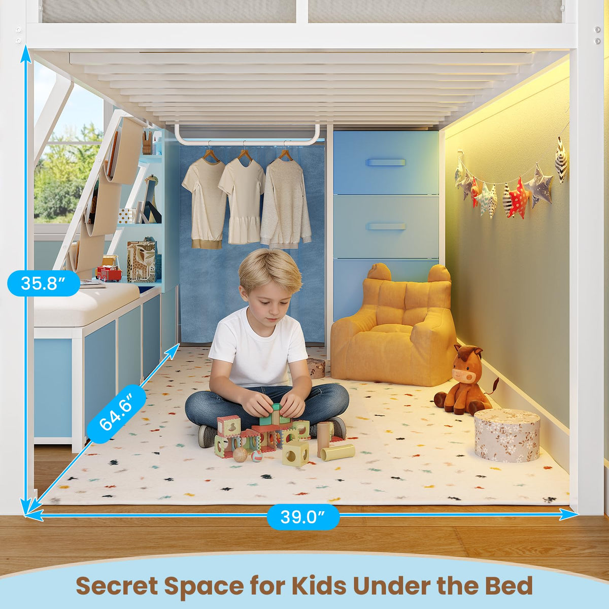 White & Blue Twin Loft Bed with 7 Storage Drawers X602187