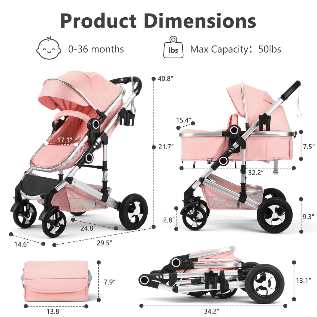 2 in 1 Convertible Baby Stroller, Diaper Bag, Pink R469885
