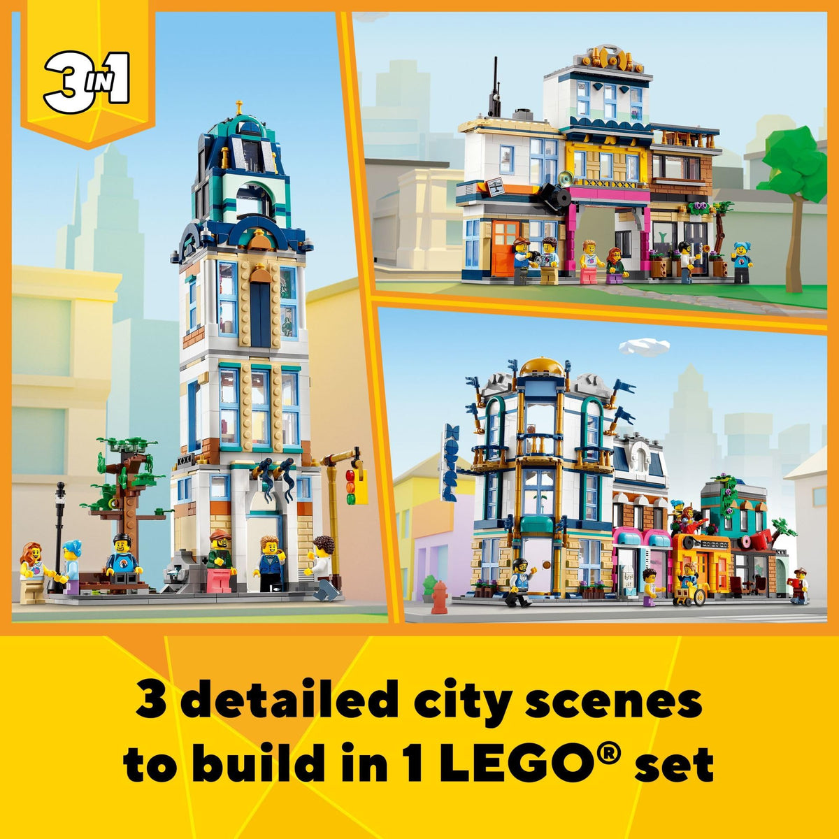 Building Toy Set, 3 in 1 City Art Deco Building, Market Street Hotel, Café Music Store and 6 Minifigures Q567008