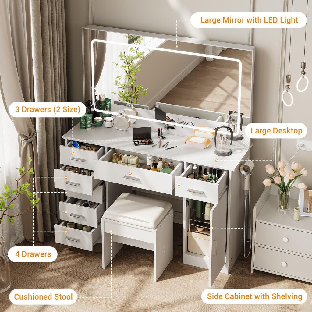 White 7 Drawer Vanity Desk with LED Mirror D505298