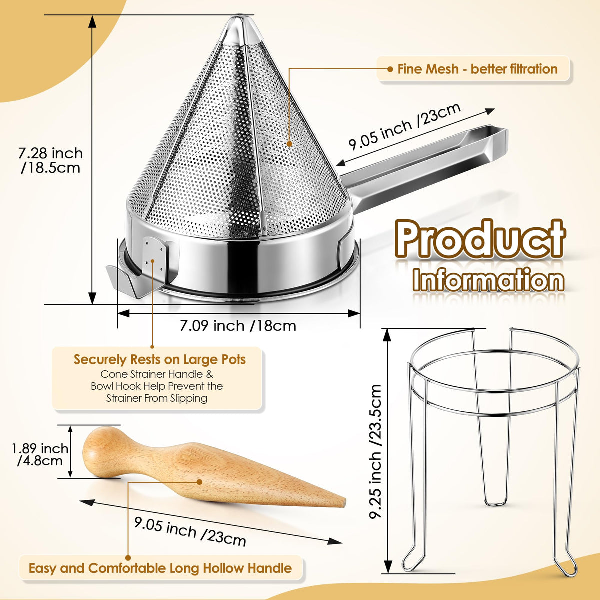 Stainless Steel Chinois Strainer with Stand and Wooden Pestle A736