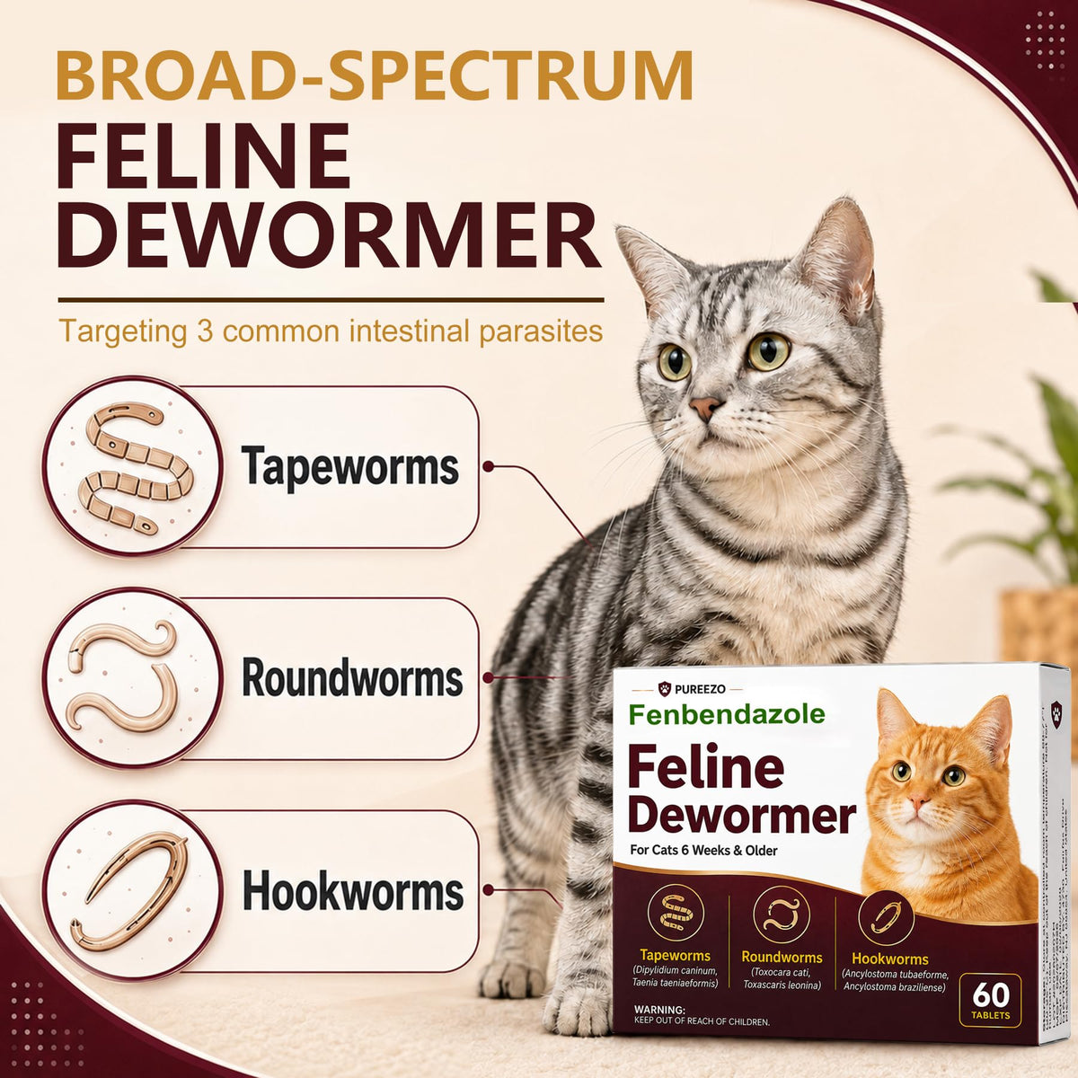 Cat Dewormer Tablets for Tapeworms, Roundworms & Hookworms E9060