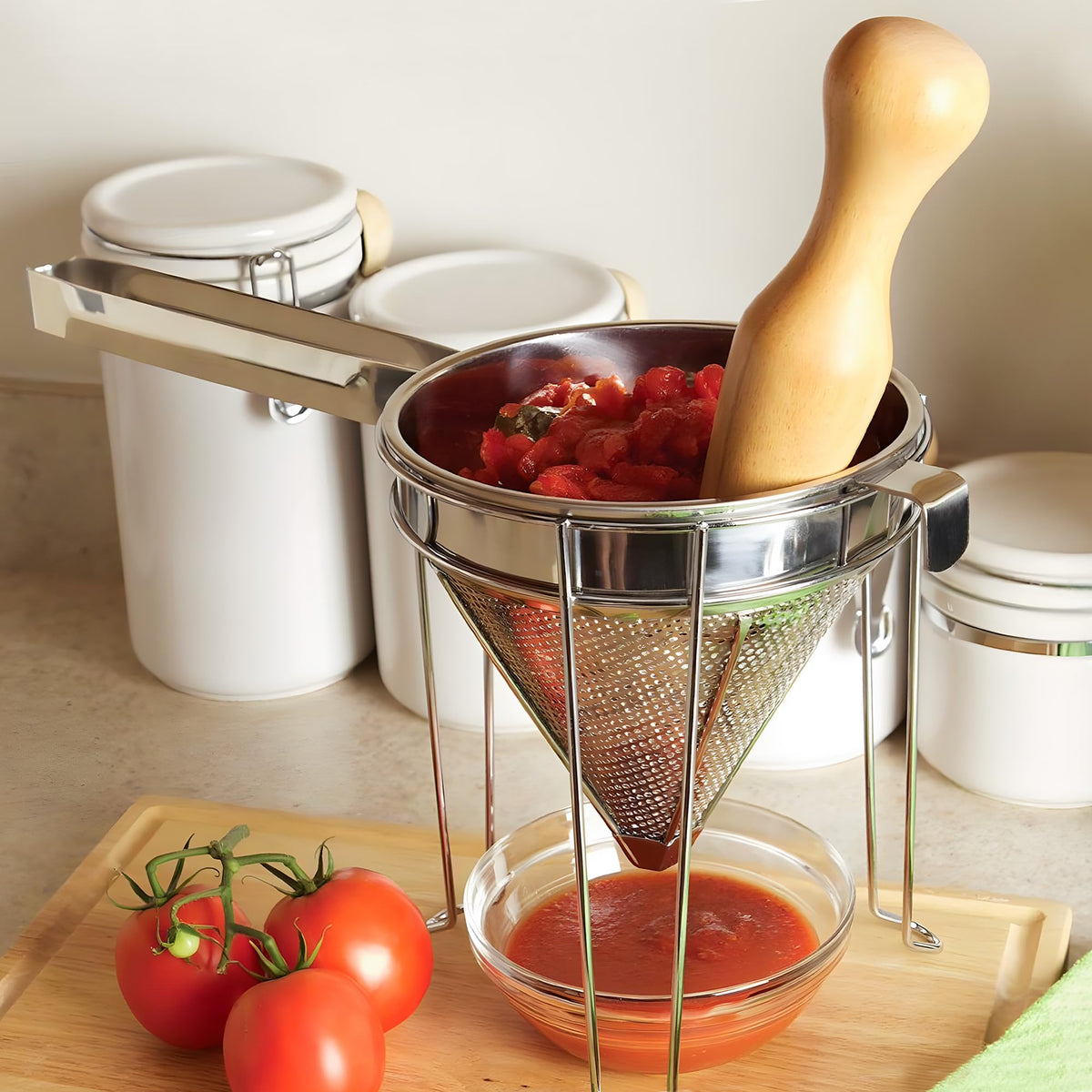 Stainless Steel Chinois Strainer with Stand and Wooden Pestle A736