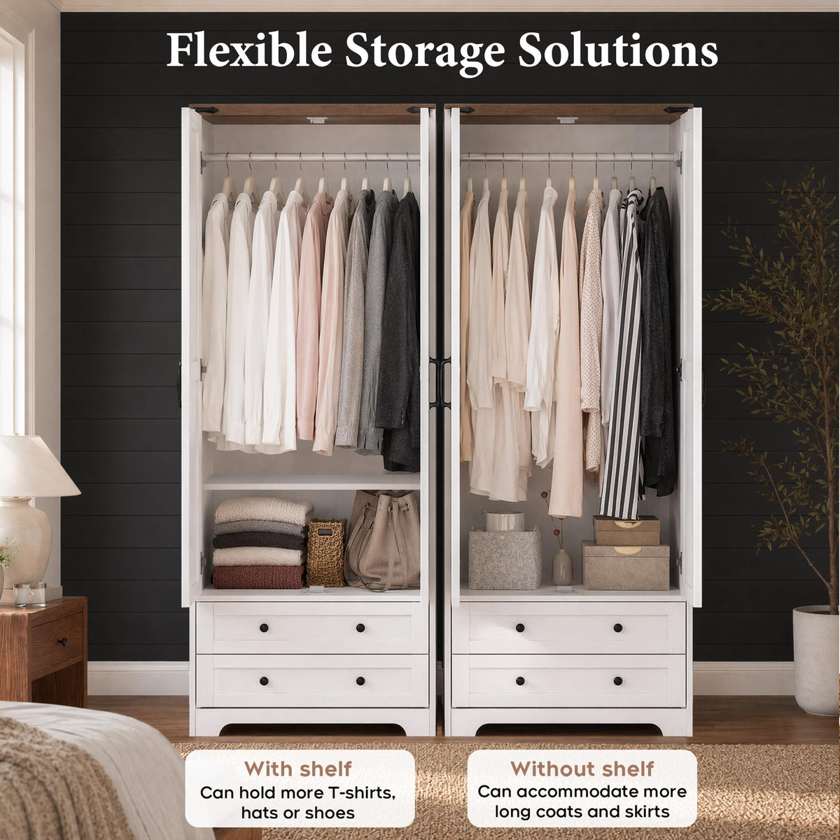 71" White Wooden Armoire Wardrobe Closet with 2 Doors & 2 Drawers D838855