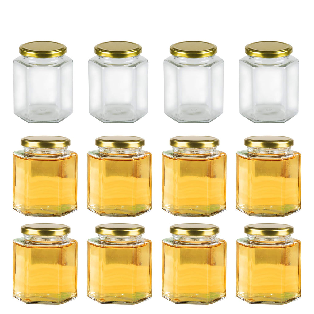 16 oz Hexagon Glass Honey Jars with Lids, 12 Pack M53469