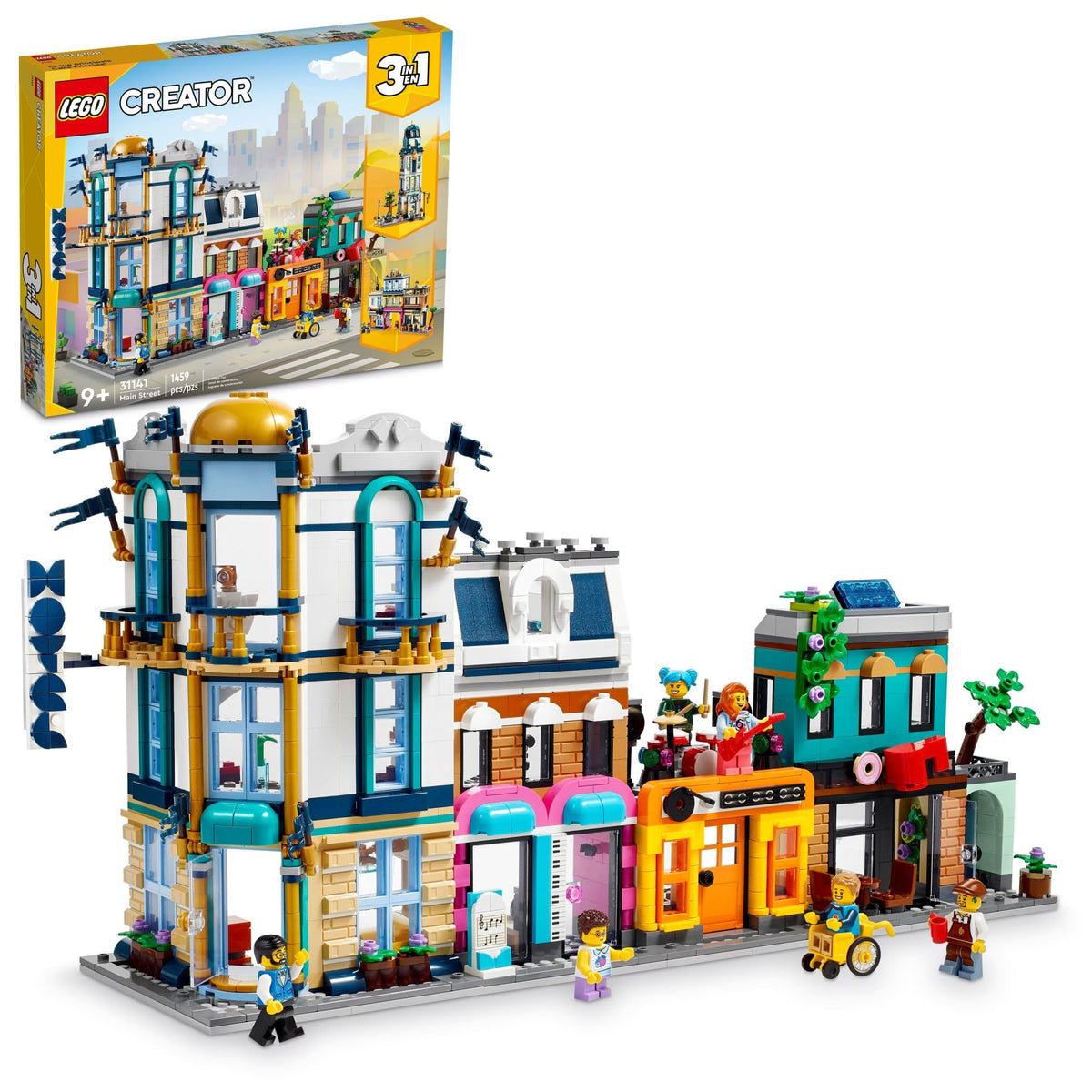 Building Toy Set, 3 in 1 City Art Deco Building, Market Street Hotel, Café Music Store and 6 Minifigures Q567008