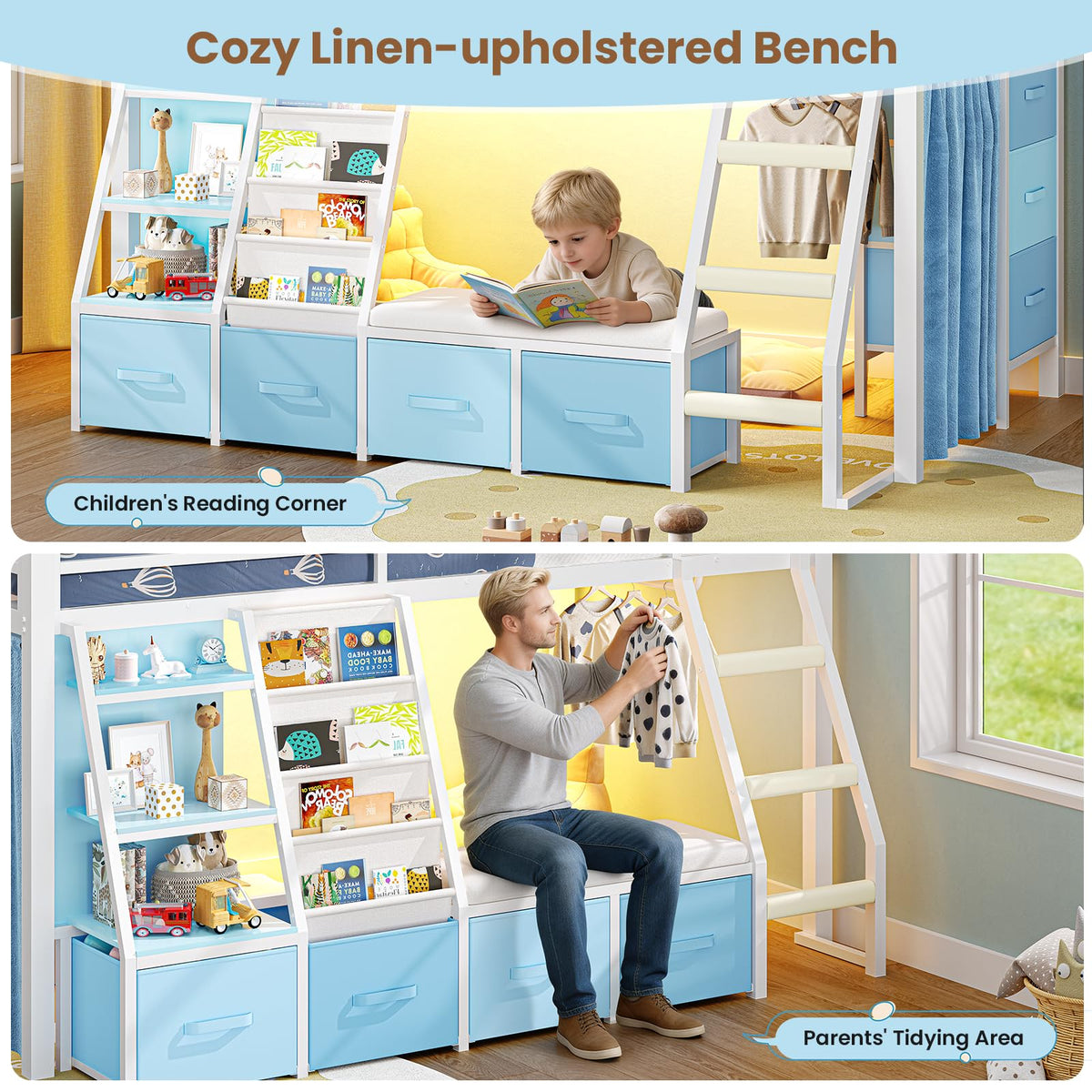 White & Blue Twin Loft Bed with 7 Storage Drawers X602187