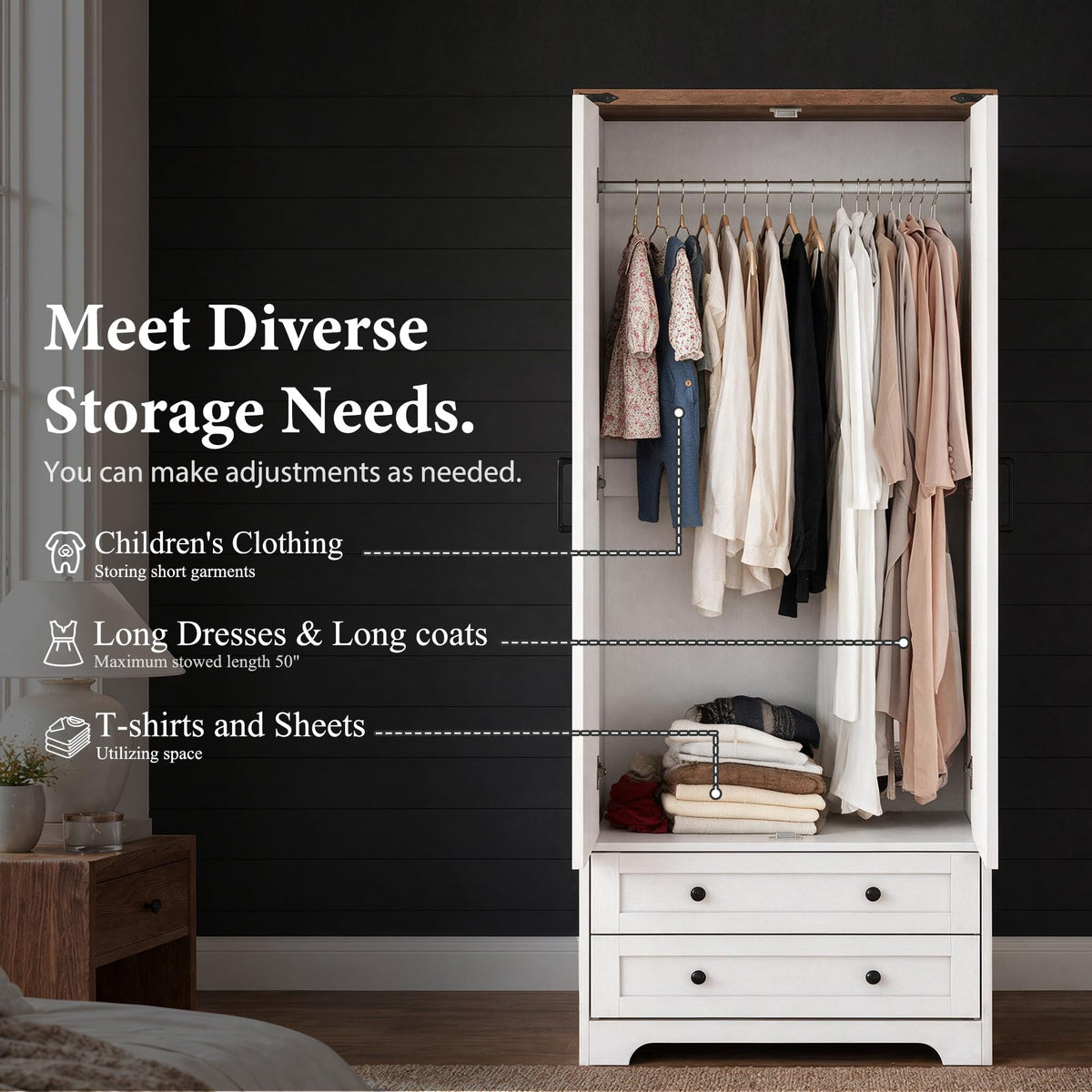 71" White Wooden Armoire Wardrobe Closet with 2 Doors & 2 Drawers D838855