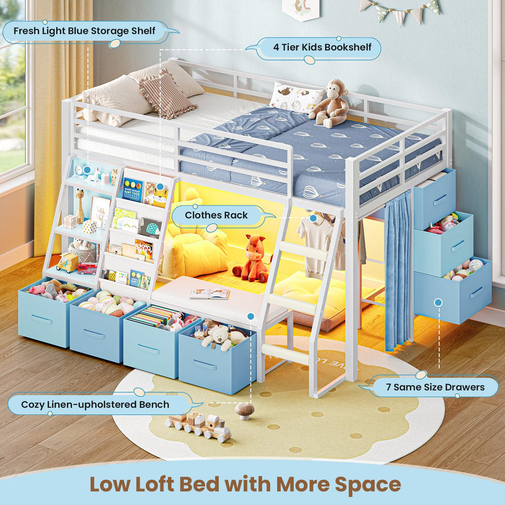 White & Blue Twin Loft Bed with 7 Storage Drawers X602187