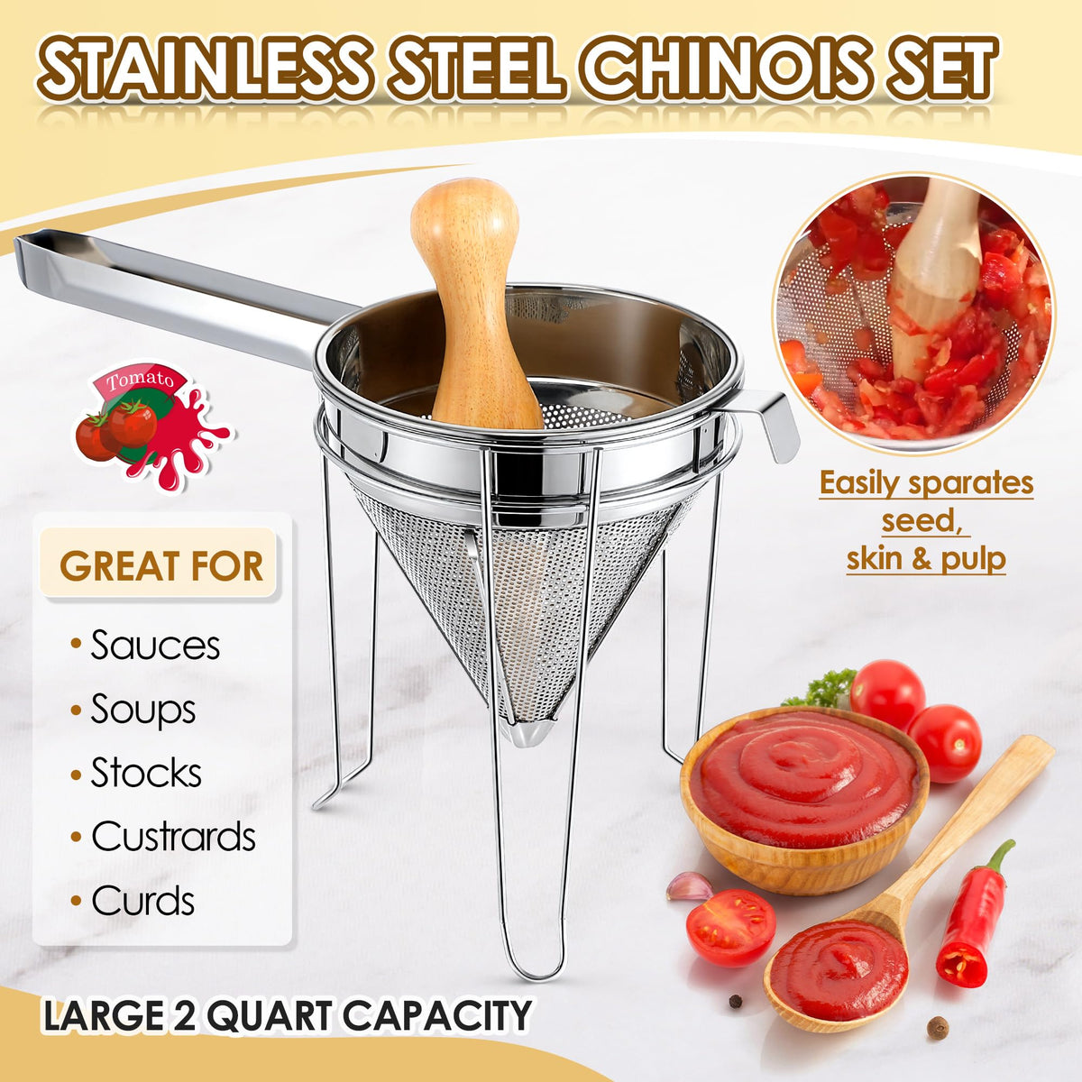 Stainless Steel Chinois Strainer with Stand and Wooden Pestle A736