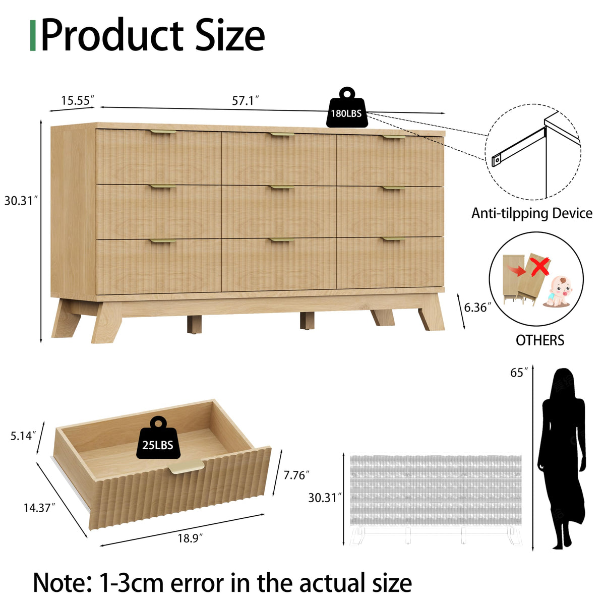 Natural Oak 9 Drawer Fluted Wood Dresser U842