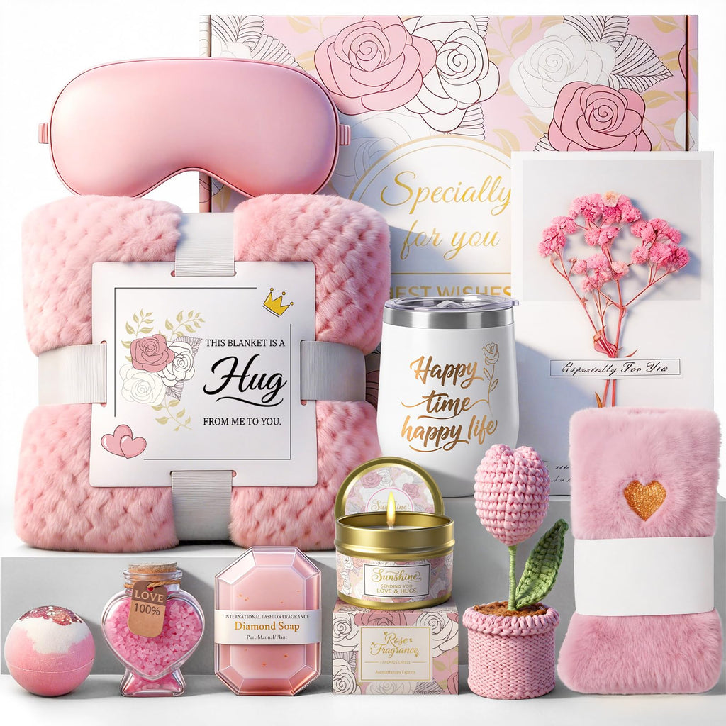 Spa Gift Set with Blanket, Tumbler, Eye Mask, Fuzzy Socks V519