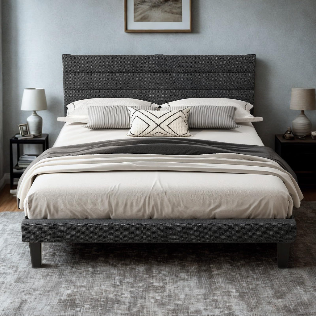 Queen Size Linen Fabric Upholstered Platform Bed Frame E5297