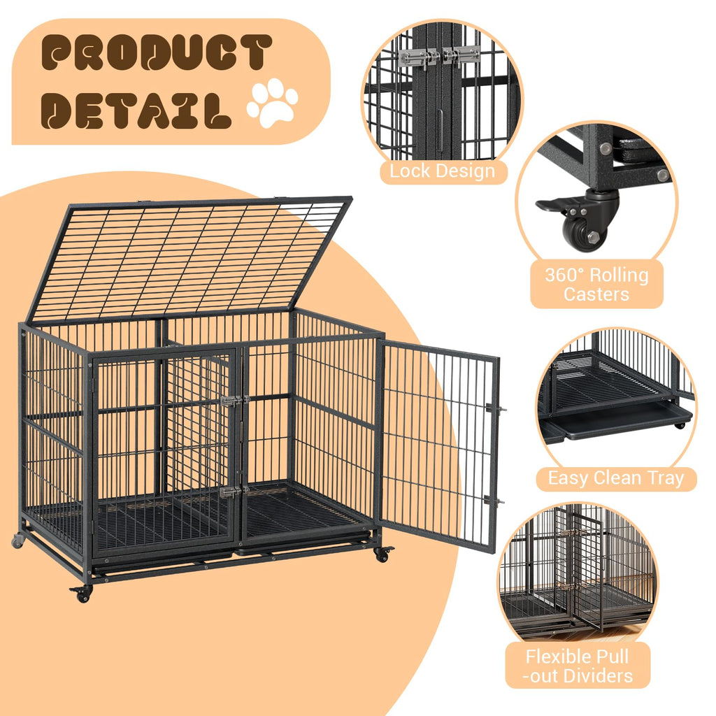 48 Inches Heavy Duty Metal Dog Crate with Divider and Wheels H414602