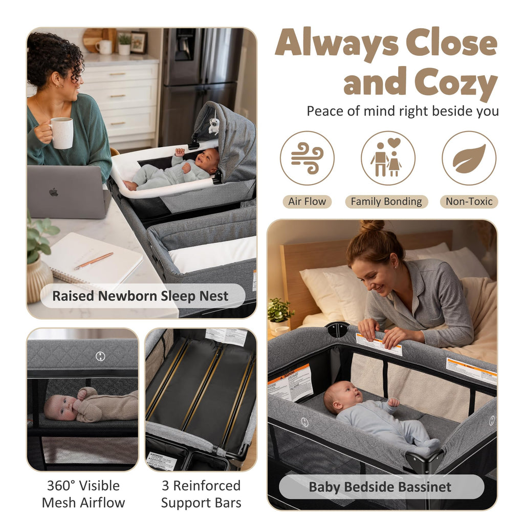4 in 1 Foldable Pack and Play with Bassinet & Changing Table E8364