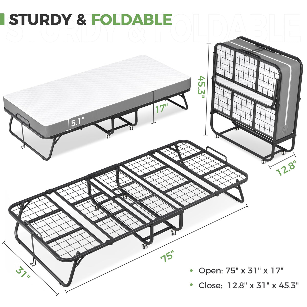 Folding Bed with Mattress 75" x 31" 5" Memory Foam F517923