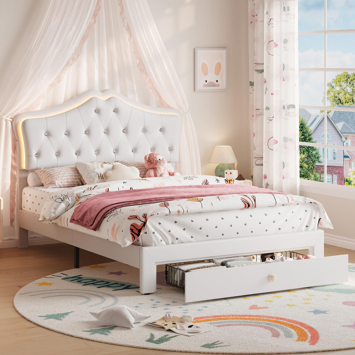Beige Full Size Bed Frame with LED Lights Headboard J770