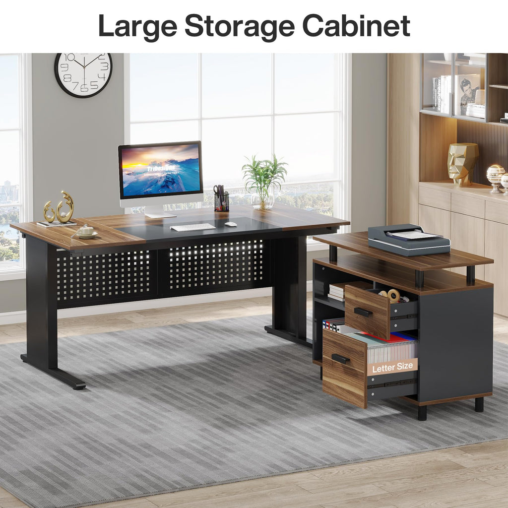 63 Inch L Shaped Computer Desk with File Cabinet and Storage Shelves Y312264