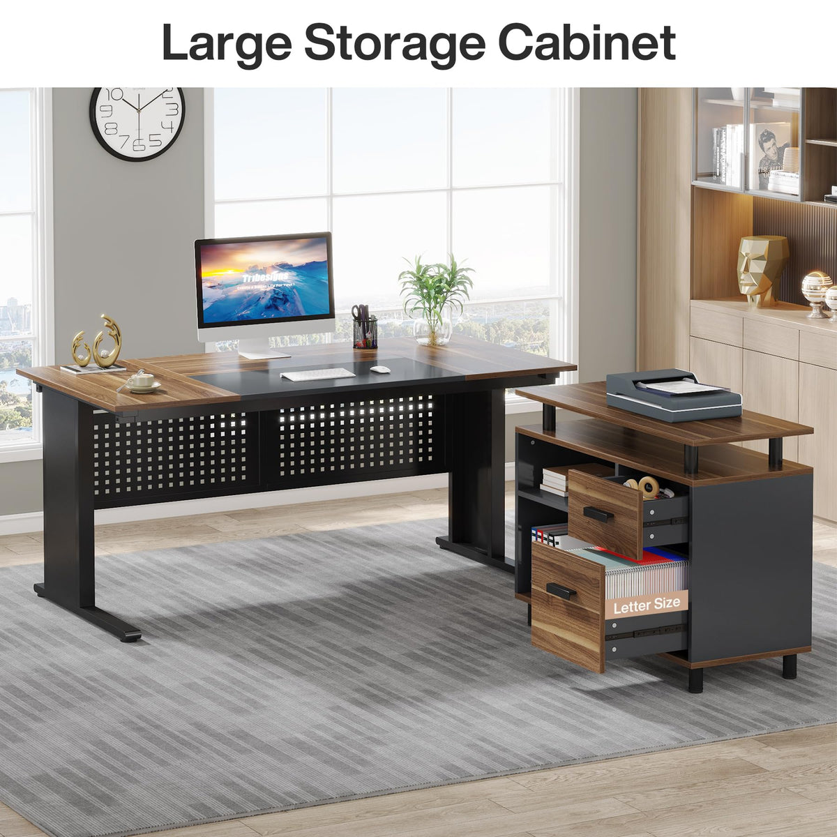 63 Inch L Shaped Computer Desk with File Cabinet and Storage Shelves Y312264