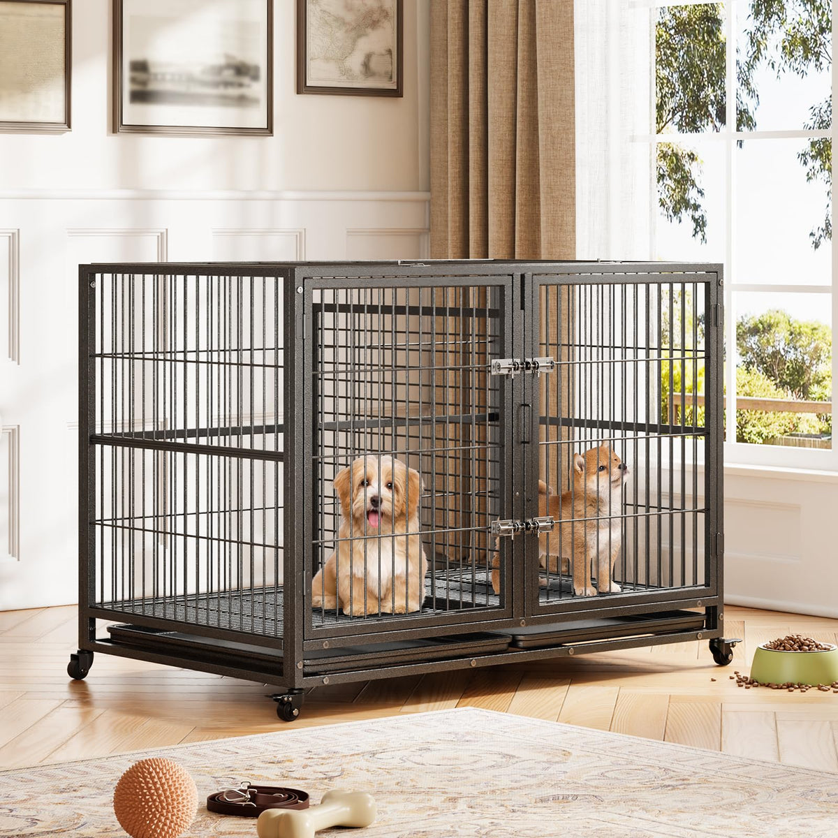 48 Inches Heavy Duty Metal Dog Crate with Divider and Wheels H414602