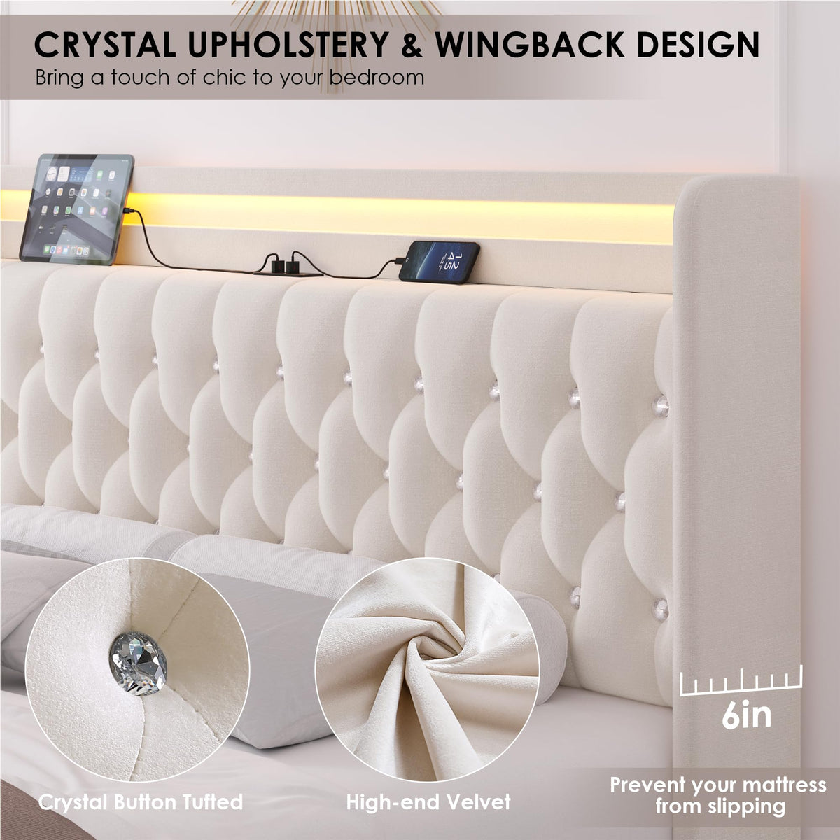 Beige Upholstered Full LED Bed Frame with Storage H347375