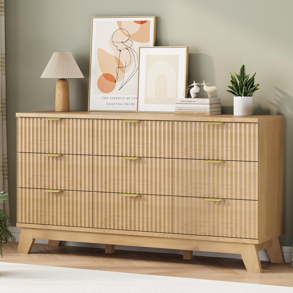 Natural Oak 9 Drawer Fluted Wood Dresser U842